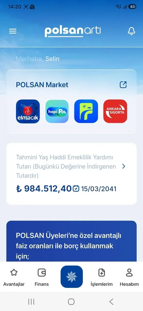 POLSAN Artı uygulaması, ana sayfa ekranı