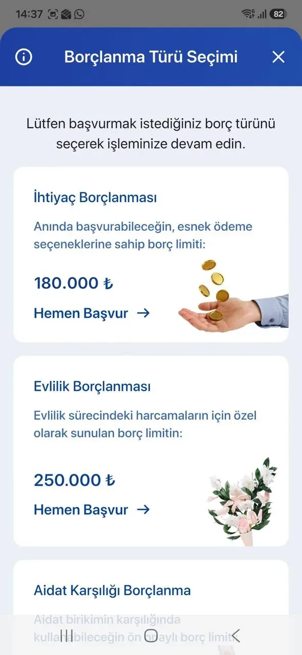 POLSAN Artı uygulaması, borçlanma türü seçimi ekranı