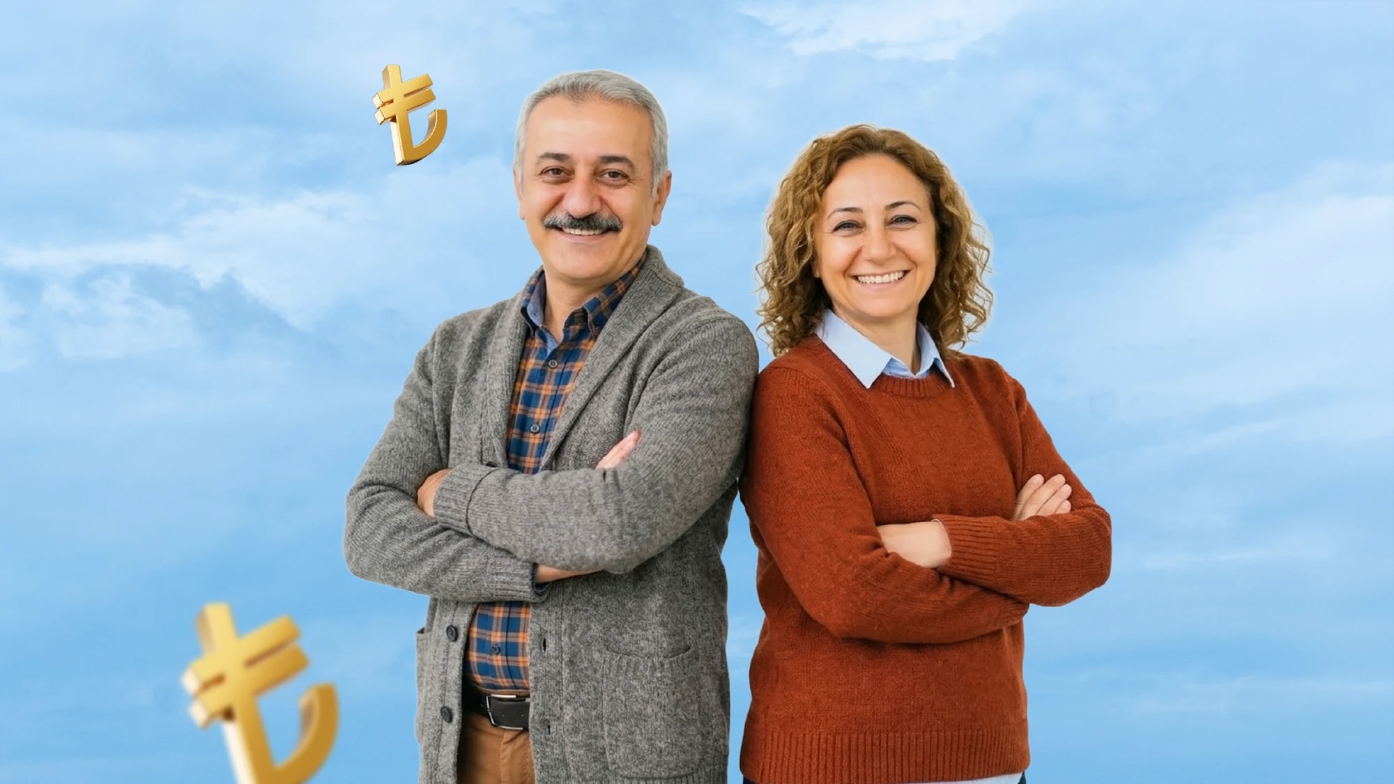 Gülümseyen, kollarını kavuşturmuş iki kişi; arkada mavi gökyüzü ve altın Türk lirası simgeleri